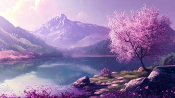 A painting of a mountain lake with purple trees photo