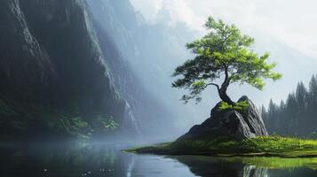 A tree is standing on a rock in the middle of a lake photo