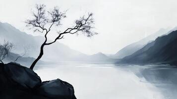 A painting of a tree on a mountain by a river photo