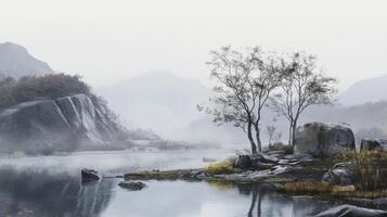 A painting of a river and trees in the fog photo