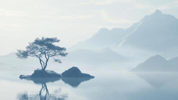 A lone tree is standing on a rock in the middle of a lake photo