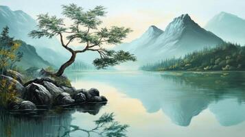 A painting of a tree and mountain in the water photo