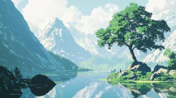 A painting of a mountain lake with trees and mountains photo