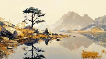 A painting of a mountain lake with trees and rocks photo