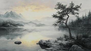 A painting of a mountain lake with trees and rocks photo