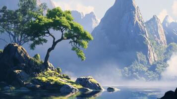 A tree is standing on a rock in front of a mountain photo
