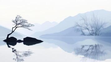 A lone tree is standing on a rock in the middle of a lake photo