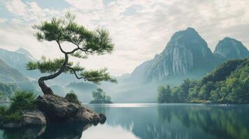 A lone tree is standing on a rock in front of a lake photo