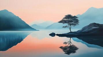 A painting of a tree on a lake with mountains in the background photo