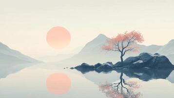 A tree is sitting on a rock in front of a mountain photo