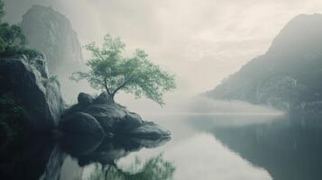 A tree is sitting on a rock in the middle of a lake photo
