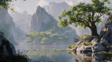 A tree and rocks in the middle of a river photo