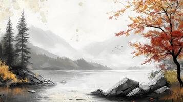 A painting of a river and trees in the fall photo