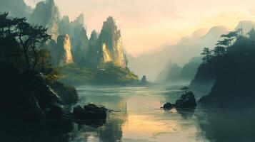 A painting of a river and mountains photo
