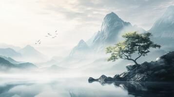 A mountain landscape with a tree and birds photo