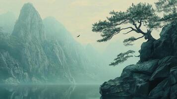 A mountain lake with a tree on top of it photo