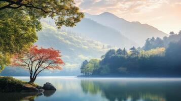 A tree is sitting on the shore of a lake with mountains in the background photo