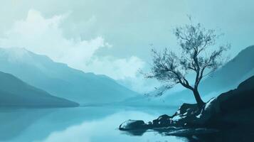 A painting of a tree on a mountain lake photo