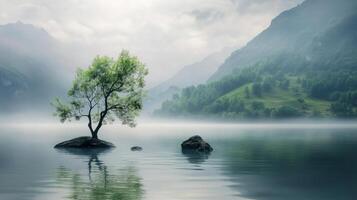 A lone tree in the middle of a lake surrounded by mountains photo
