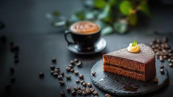 Close up of piece of chocolate cake with cream decorated with coffee and beans on dark background photo