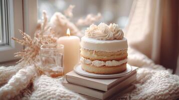 Round dessert cake decorated with cream on a knitted blanket with a candle and a glass in the warm light from the window photo