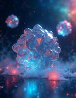 Holographic Geometrics Floating 3D geometric shapes, including intricate fractals and polyhedra, with holographic surfaces that reflect rainbow hues, positioned in a dark photo