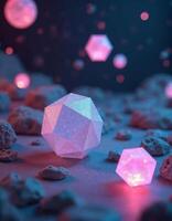 An array of floating 3D geometric shapes, featuring complex shapes like icosahedrons photo