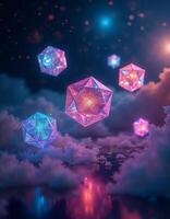 A variety of floating 3D geometric shapes such as tetrahedrons and octahedrons, each with holographic surfaces emitting bright neon colors, surrounded by a dark galaxy-like background photo