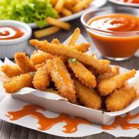 Chicken tenders with sauce and ketchup on a paper tray photo