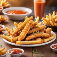 Chicken fingers with ketchup and sauce on a plate photo