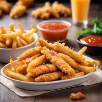 Chicken fingers with fries and ketchup on a wooden table photo