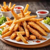 Fried chicken fries on a plate with ketchup and ketchup sauce photo
