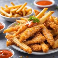 Fried chicken nuggets with ketchup and ketchup sauce on a plate photo