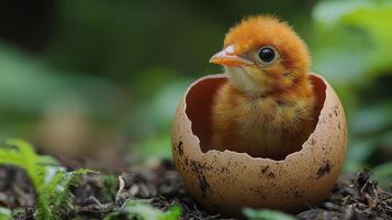 Baby bird hatching from egg in lush green environment during daylight photo