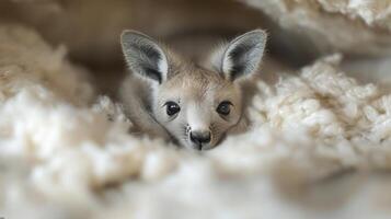 Kangaroo joey resting comfortably in soft bedding during a peaceful moment photo