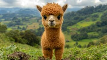Adorable young alpaca grazing in a lush green field during golden hour photo
