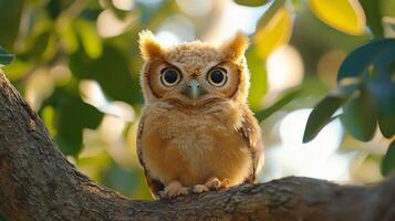 Curious owl perched on a branch in a lush forest during daytime photo