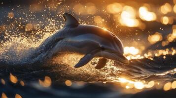 Dolphin leaps gracefully through glistening waves at sunset over the ocean photo