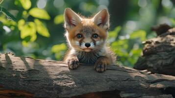 Curious young fox peeks through green foliage in a forest during daylight hours photo