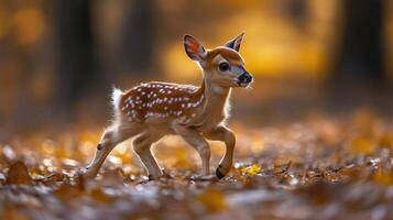 Fawn walking gracefully through autumn forest surrounded by fallen leaves photo