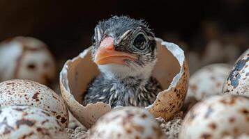 Baby bird hatching from egg in lush green environment during daylight photo