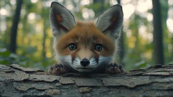 Curious young fox peeks through green foliage in a forest during daylight hours photo