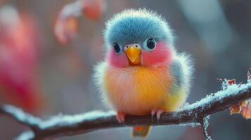 Colorful parrot perched on branch during golden hour in a vibrant garden photo