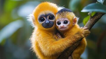 Playful monkeys clinging to tree branch in lush environment during daylight photo