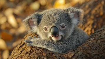Cute koala clings to a tree as sunlight filters through the leaves during a serene afternoon photo