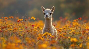 Cute baby alpaca standing in a field of flowers during sunset with warm light photo