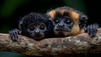Playful monkeys clinging to tree branch in lush environment during daylight photo