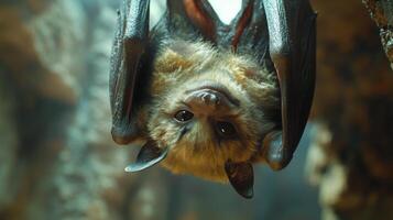 Cute bat hanging upside down in a natural habitat during daylight hours in a tropical environment photo