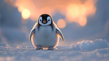 Adorable penguin chick standing on ice in a chilly environment captured during daylight hours photo