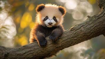 Cute panda cub sitting on a tree branch in a natural habitat during daytime photo